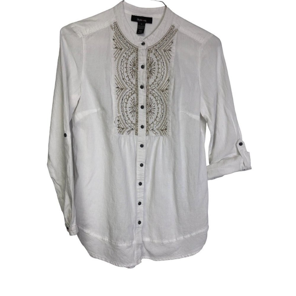 STYLE & CO WHITE ROLL TAB SLEEVE‎ BUTTON FRONT TOP SM